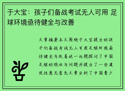 于大宝：孩子们备战考试无人可用 足球环境亟待健全与改善