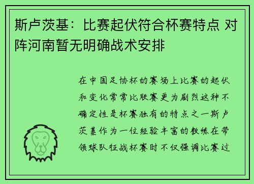 斯卢茨基：比赛起伏符合杯赛特点 对阵河南暂无明确战术安排